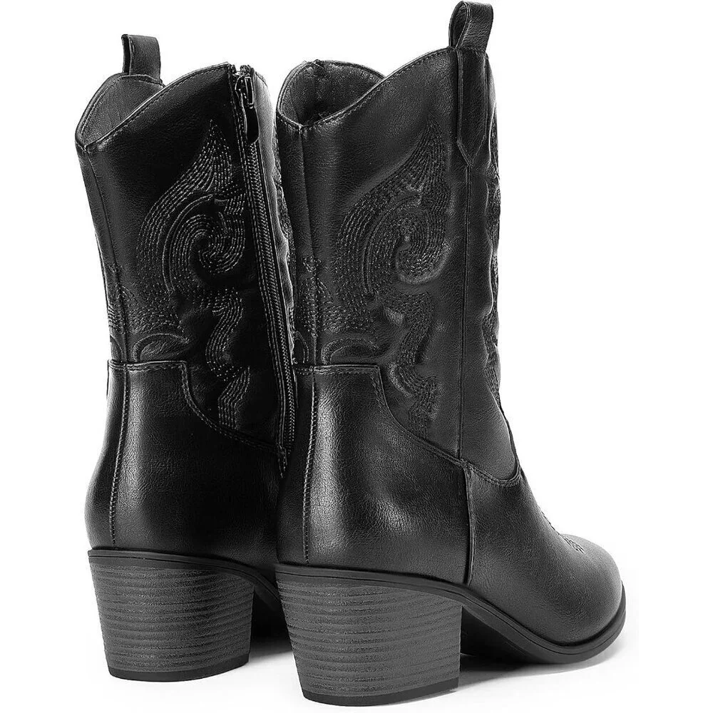 🆕Women All Black Suede leather Embroidered Country Heel Pointed Toe Boot